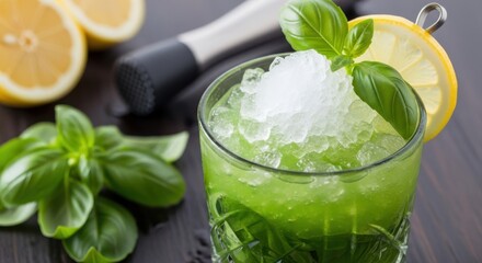 Refreshing green cocktail with crushed ice and basil, perfect for summer parties and vibrant events