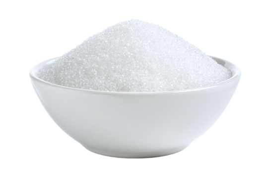 White bowl filled with sugar, close up view