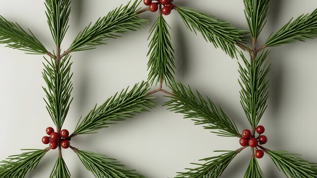 Symmetrical Geometric Christmas Pattern of Pine Needles and Vibrant Red Holly Berries on a Bright Neutral Gray Background – Elegant Minimalist Festive Holiday Season Design, Abstract Wreath Concept - Powered by Adobe