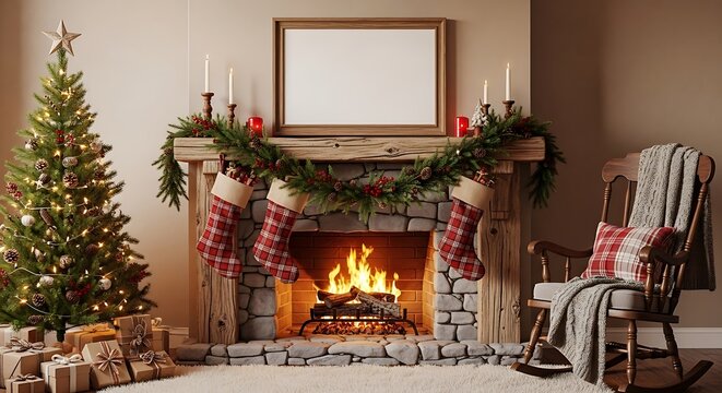 A cozy fireplace with a Christmas tree and gifts creates a warm holiday scene indoors. - Powered by Adobe