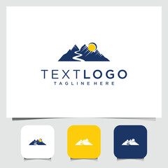Fototapeta premium mountain range with river and sun logo design for branding identity.