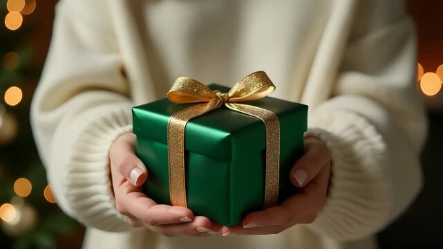 Close-up of a woman's hands holding a green gift box with gold ribbon against the background of a cozy room with Christmas decorations.