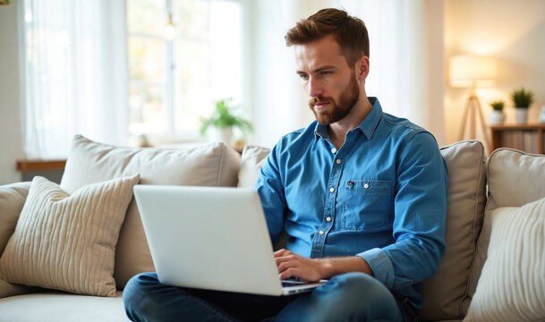 Young man works on laptop from home. He sits on beige couch, wears blue shirt. Man uses computer, focused on screen. Home office, business, education concept.