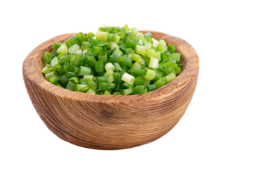 Wooden bowl filled with chopped scallions