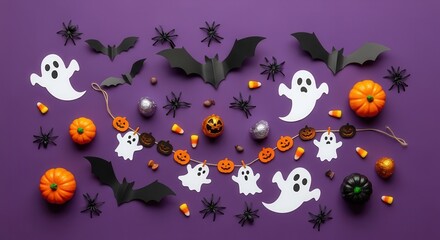 Naklejka premium Eerie Halloween flat lay featuring ghosts, bats, candy corn, pumpkins on purple background perfect for designs