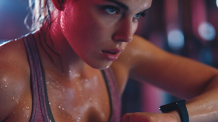 Young athlete checking pulse after workout in gym, wearing fitness tracker, sweat on skin, motivational atmosphere