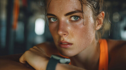 Young athlete checking pulse after workout in gym, wearing fitness tracker, sweat on skin, motivational atmosphere