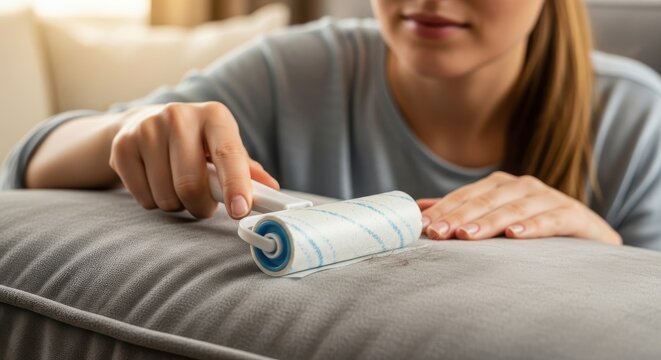 Woman removes pet hair with lint roller from gray sofa cushion for clean fresh home living