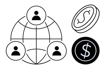 Connected people across globe over network grid and currency coins representing financial exchange. Ideal for business, communication, networking, globalization, economics, partnerships, remote work