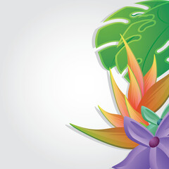 Vibrant Tropical Foliage and Exotic Bird of Paradise Flower Arrangement with Purple Bloom on a Soft Gray Background with Subtle Shadows and a Transparent Overlay