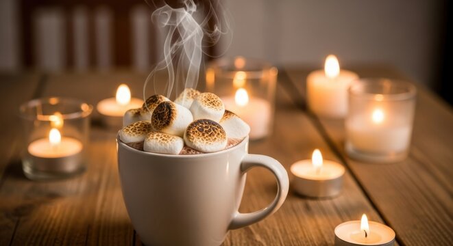 Enjoying a cup of hot chocolate topped with toasted marshmallows surrounded by flickering candlelight - Powered by Adobe