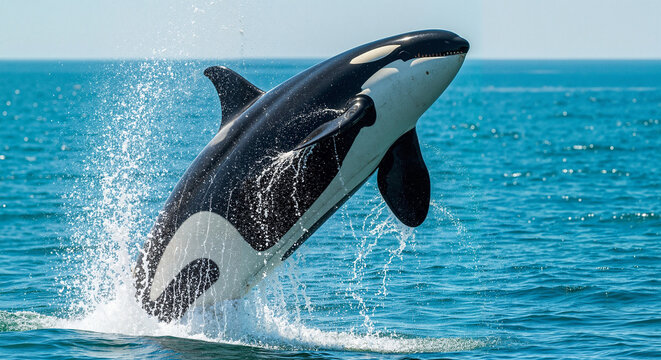 Orca with powerful mood breaching the ocean surface against bright blue water background