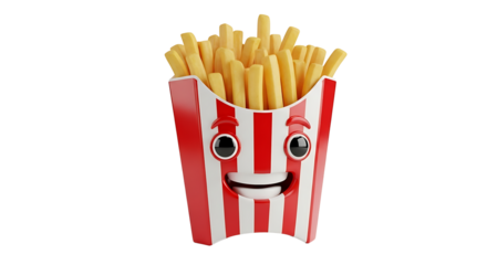 Cheerful french fries cartoon character, standing with a big smile and a red and white striped container