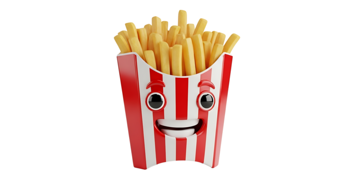 Cheerful french fries cartoon character, standing with a big smile and a red and white striped container