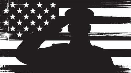 Silhouette of a soldier saluting against the American flag grunge illustration for patriotic themes and memorial designs