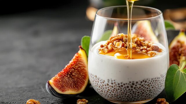 Chia pudding served in a small ceramic bowl with figs and honey drizzle, rustic kitchen setting, natural food photography