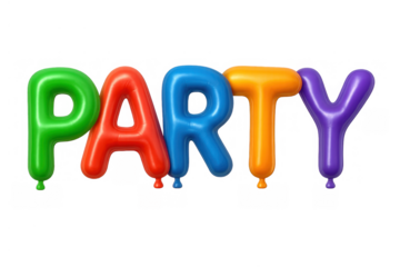 Party word formed by colorful inflatable balloon letters, creating a festive atmosphere for events