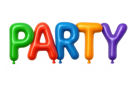 Party word formed by colorful inflatable balloon letters, creating a festive atmosphere for events - Powered by Adobe