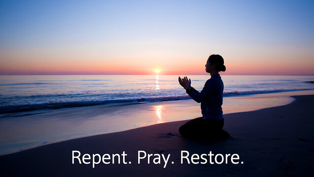 Silhouette of a person kneeling on a beach at sunrise praying with hands raised in a gesture of devotion and hope a day of prayer and repentance