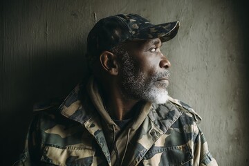 A contemplative senior African American man in a camouflage uniform, looking thoughtfully to the side against a textured wall.