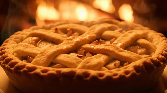 Baked apple pie with lattice crust detail, warm holiday dessert