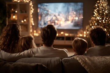 A cozy family of four, including parents and two children, watches a festive winter scene on television, surrounded by warm Christmas lights.