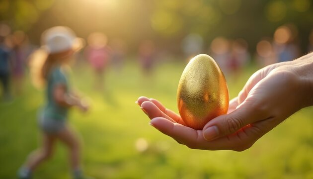 Hand holds shiny golden egg with children playing in background at sunny park. Festive easter hunt outdoors, spring celebration, treasure find, pure childhood joy and magic.