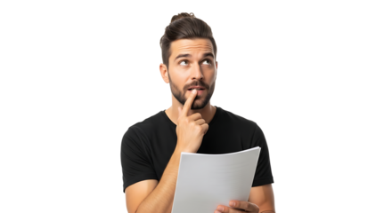 Pensive man holding papers, contemplating ideas and solutions for his work or studies with a thoughtful expression