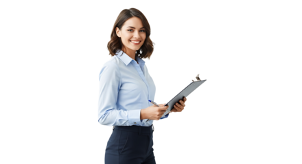 Confident businesswoman holding clipboard, showcasing professionalism and expertise in corporate environment