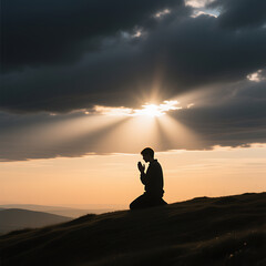 Silhouette of a person kneeling in prayer on a hilltop at sunrise with dramatic sunbeams breaking through dark clouds Day of Prayer and Repentance