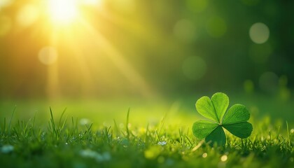 Green shamrock clover leaf grows on fresh grass lawn. Golden sun rays shine on spring meadow. Nature symbol of luck and St Patricks Day holiday. Happy eco background with ample text copy space.