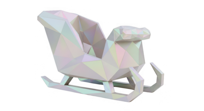 Low poly iridescent reindeer and sleigh for holiday season celebration, geometric abstract design, festive christmas object on bright background. isolated on transparent background - Powered by Adobe