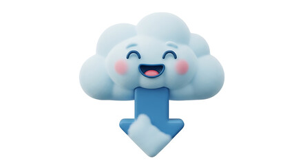 Fototapeta premium Cheerful cloud with download arrow, symbolizing data transfer and cloud computing with a cute and friendly design