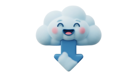 Cheerful cloud with download arrow, symbolizing data transfer and cloud computing with a cute and friendly design