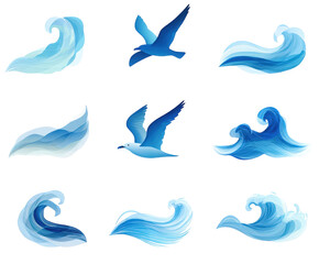 Collection of stylized blue ocean waves and flying seagulls illustrations.