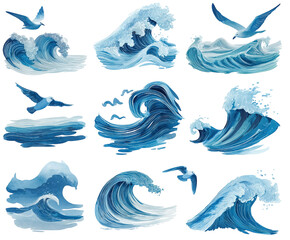 Fototapeta premium Collection of stylized ocean waves and flying seagulls illustrations set.