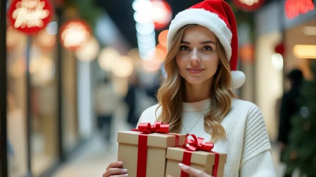Young happy woman in white sweater and santa hat holding gift box in shopping mall. Concept of retail, holiday. - Powered by Adobe