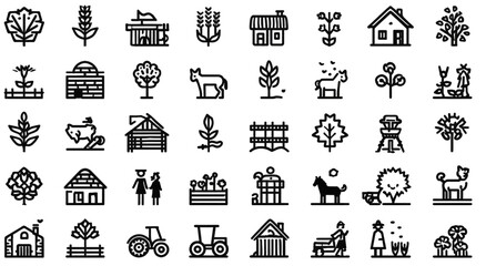 A diverse collection of farm and agriculture line icons.