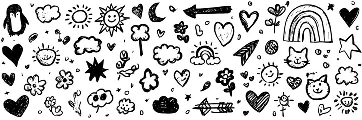 Cute hand drawn doodle elements set on white background.