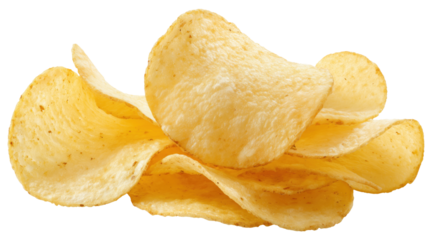 Stack of golden crispy potato chips arrangement, isolated on transparent background