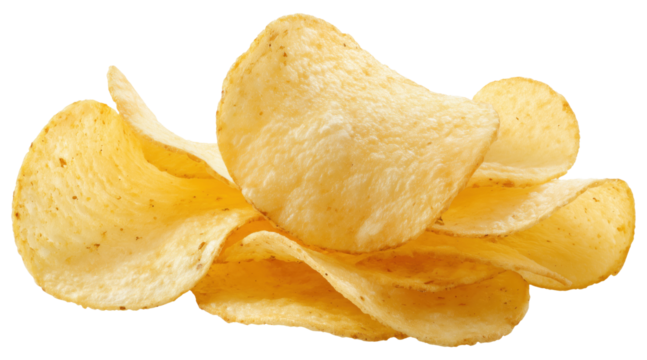 Stack of golden crispy potato chips arrangement, isolated on transparent background