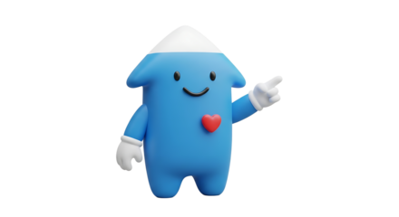 Cute cartoon character pointing, a charming mascot with a heart, perfect for friendly and engaging designs