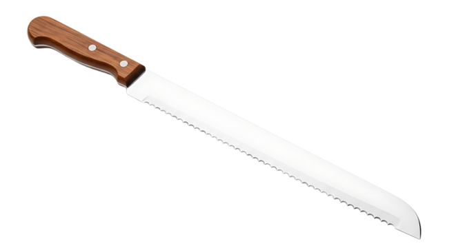 Serrated bread knife with wooden handle, perfect for slicing loaves of bread, cakes, and pastries with ease and precision
