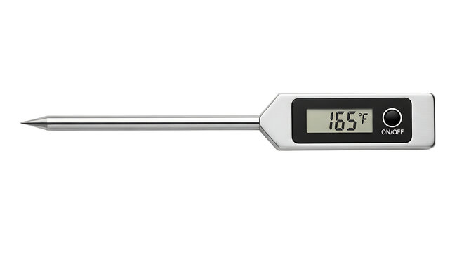 Digital meat thermometer displaying 165 degrees fahrenheit perfect for cooking and food safety, ensuring accurate temperature readings
