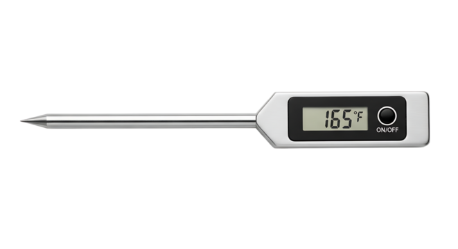 Digital meat thermometer displaying 165 degrees fahrenheit perfect for cooking and food safety, ensuring accurate temperature readings