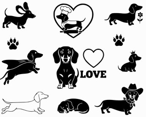 Set of dog dachshund illustrations .set of  black dogs silhouettes