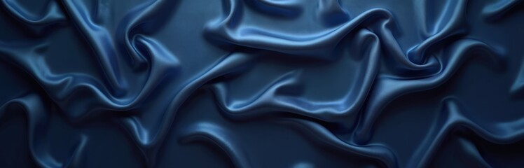 Fototapeta premium Shiny navy blue silk fabric folds softly. Smooth texture offers elegant dark backdrop for banners, presentations product displays. Luxury material suggests premium design, fashion, formal events.