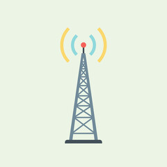 A stylized transmission tower with signal waves emanating from the top.