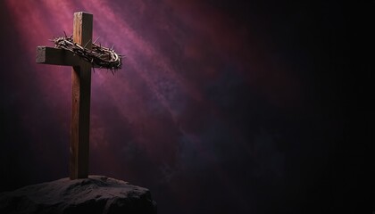 Wooden cross topped with thorny crown of thorns rests on rough stone atop hill. Dramatic purple light beams cut through dark moody sky. Symbol of sacrifice and redemption for Lent.