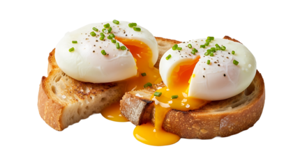 Poached eggs on toast, showcasing a classic breakfast dish with runny yolks, offering a delicious and satisfying start to day